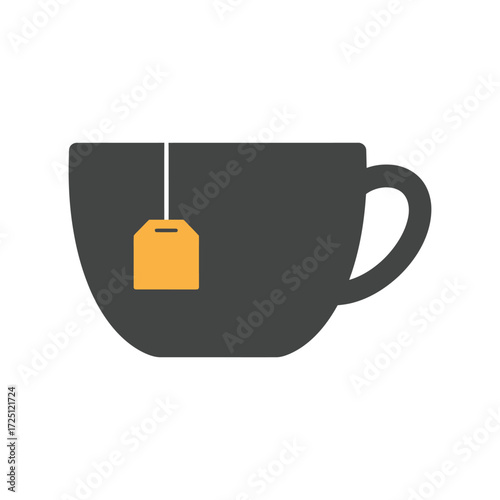Flat vector tea cup illustration with tea bag icon in dark gray, isolated on white background, suitable for hot drink icon, healthy beverage design, breakfast tea graphic, or café menu illustration.