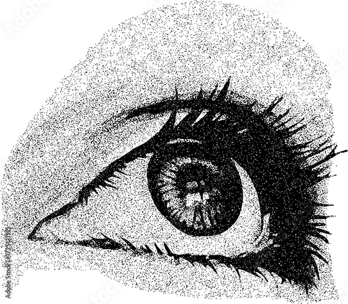Detailed Stippling Illustration of a Human Eye with Eyelashes