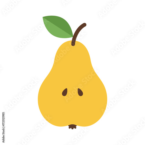 Flat vector pear fruit illustration with yellow color and green leaf, isolated on white background, suitable for organic fruit icon, fresh food design, vegetarian diet graphic, healthy lifestyle eleme