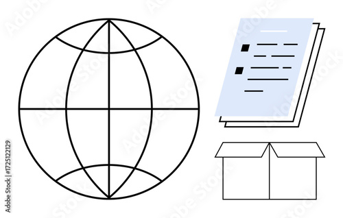 Globe outline, stacked documents, and open box symbolizing global communication, documentation, storage, and organization. Ideal for logistics, education, globalization collaboration data sharing