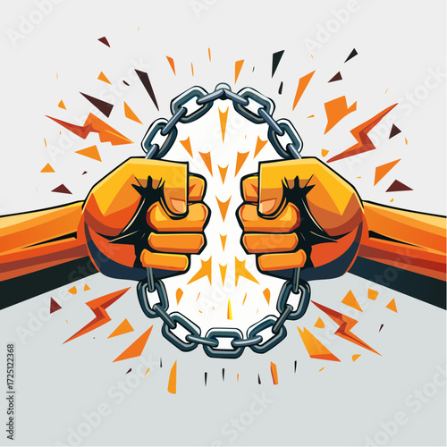 Hands Breaking Free from a Heavy Metal Chain