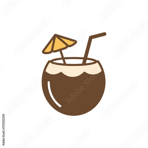 Flat vector illustration of coconut drink with straw and umbrella, isolated on white background, suitable for tropical beverage icon, summer refreshment design, exotic fruit graphic, or holiday drink 