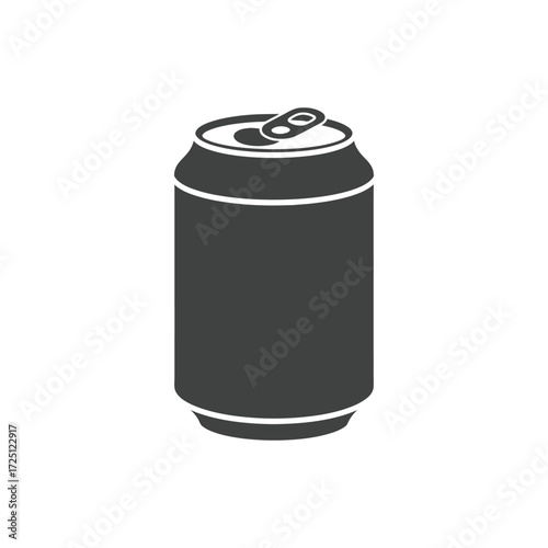 Flat vector soda can icon in gray and black, isolated on white background, suitable for soft drink illustration, beverage design, refreshment symbol, junk food graphic, and carbonated drink concept.