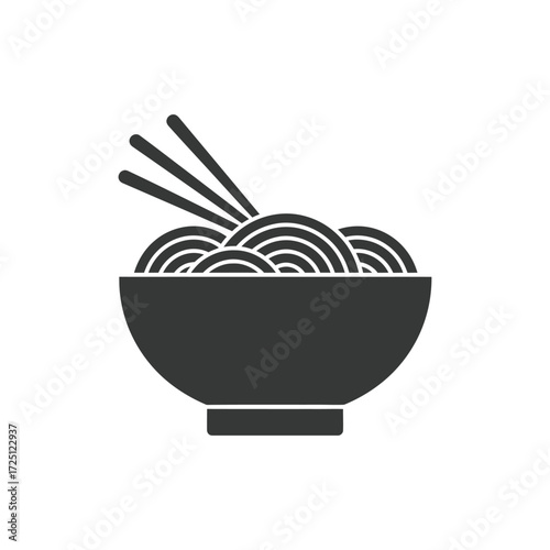 Flat vector illustration of noodle bowl with chopsticks, isolated on white background, suitable for Asian cuisine icon, fast food design, restaurant menu graphic, or hot meal symbol.