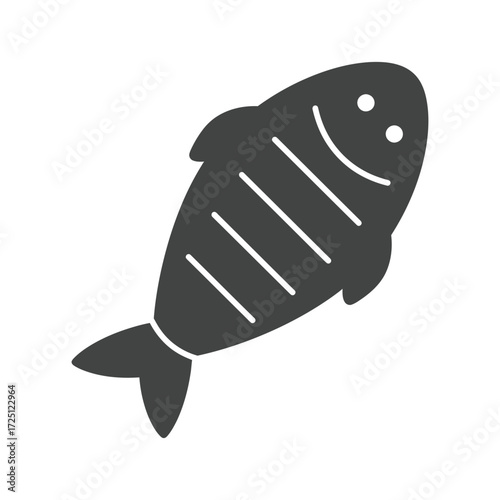 Flat vector illustration of fish silhouette in dark gray, isolated on white background, suitable for seafood icon, healthy protein design, marine food concept, fishing product graphic, or nutrition sy