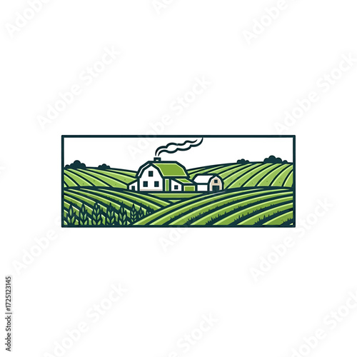Serene Farm Scene A Green Haven with Rolling Hills, Crops, and a Charming House