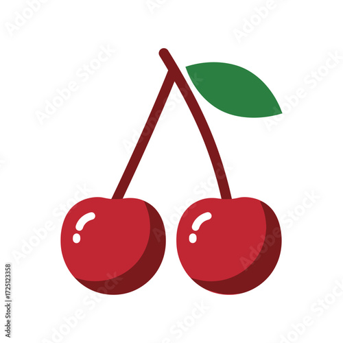 Flat vector cherries illustration with red round fruits and green stem, isolated on white background, suitable for fruit icon, organic nutrition design, fresh summer food graphics, or healthy lifestyl
