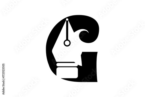 a stylized letter "G" incorporating the design of a fountain pen nib. 