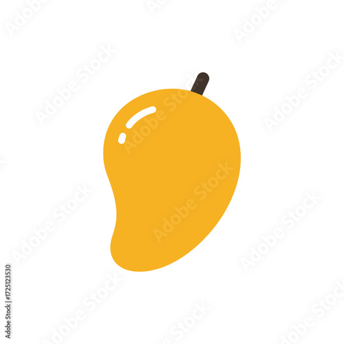 Flat vector design of ripe yellow mango fruit with smooth skin, isolated on white background, suitable for tropical fruit illustration, organic food icon, vegetarian design, or fresh exotic food conce