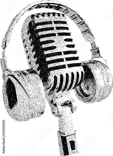 Vintage Microphone with Headphones - Stippled Illustration