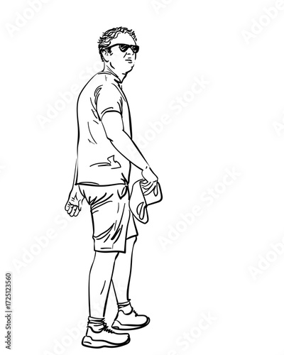 Vector sketch of a man standing in casual sportswear, holding a towel, viewed from the side, minimal black and white style