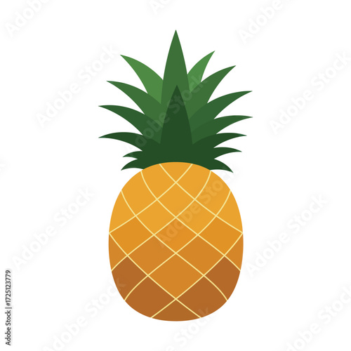 Flat vector illustration of whole ripe pineapple with green spiky leaves and golden skin, isolated on white background, great for tropical fruit icon, exotic food graphic, or organic healthy lifestyle
