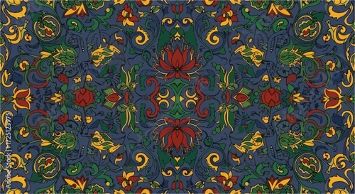 Floral pattern background with red flower and green leaf design on dark indigo field. Floral pattern evokes a sense of luxury and ornamentation,