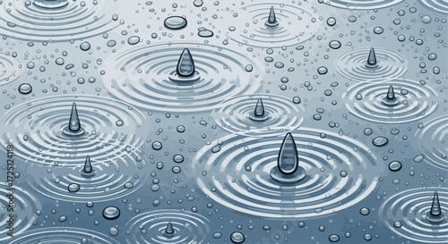 Water ripples on flat surface with raindrop splash, forming concentric circles of surface tension. Raindrop splash creates beautiful circular patterns on water, suggesting tranquility.