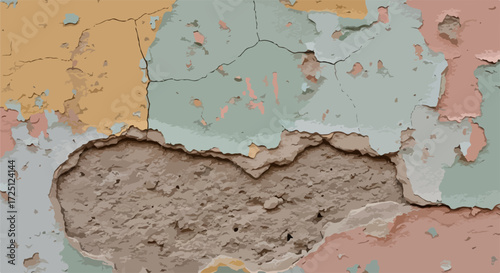 Paint crack peeling shows aged wall texture with damaged paint. Aged wall shows decay, layers, and cracks of old damaged paint. Perfect for backgrounds, distressed design, and aged wall textures.