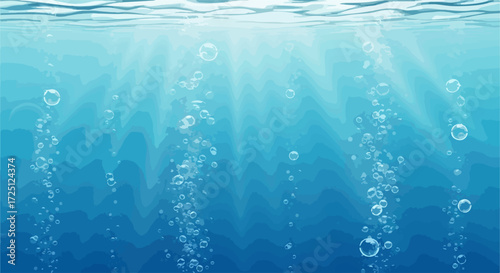 Underwater scene with sun rays and bubbles creates a calming and peaceful view, creating a serene environment. Underwater scene with sun rays evokes dynamic composition of rising bubbles,
