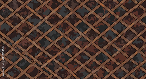 Woven background featuring intricate lattice design with overlapping stripes, showcasing complex pattern and texture. Woven background exhibiting geometric precision and organic warmth,