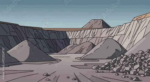 Gravel quarry showing piles of stones and rock, stone pit landscape. Gravel quarry operation displaying industrial terrain with construction aggregate, material extraction, and stone pit views.