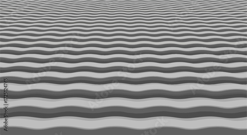 Abstract corrugated pattern creates optical illusion, with light and shadow defining its unique texture. Corrugated material forms repeating waves.