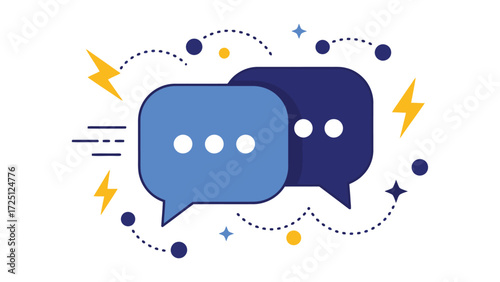 Overlapping chat bubbles with ellipsis and connection symbols showing messaging interaction