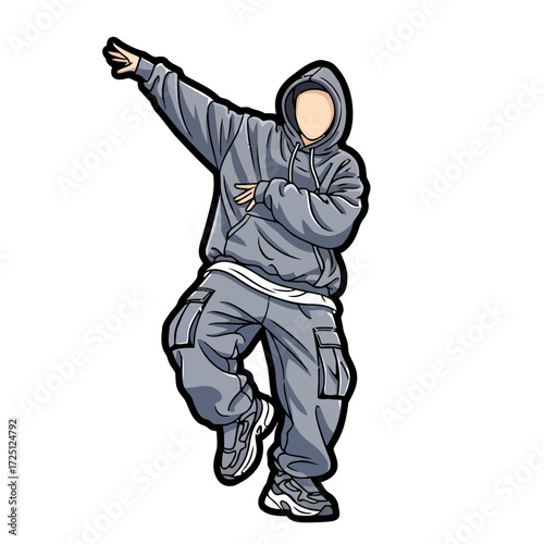 Stylized cartoon drawing person in grey hoodie and matching grey cargo pants, performing dance move with one arm raised, isolated on transparent