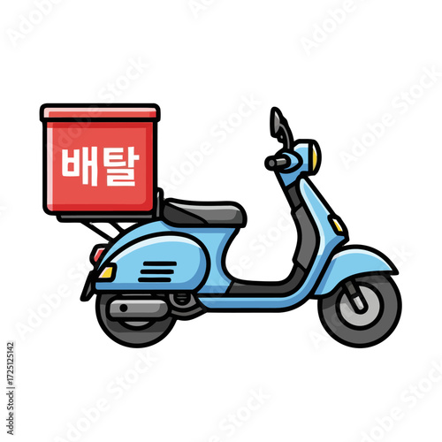 Cartoon blue scooter with red delivery box on the back, featuring korean text that translates to delivery the scooter is depicted in simple, clean style, suitable for graphic design and online content
