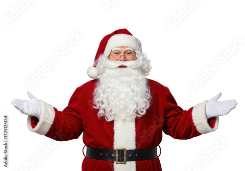 Isolated Santa Claus in red suit with open arms, classic Christmas character welcoming