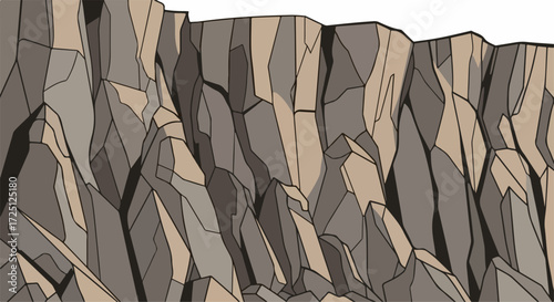 Angular rock formation in shades of gray and beige, angular rock formation with sharp geometric edges and shadows. Detailed angular rock formation illustration that evokes rugged landscapes.