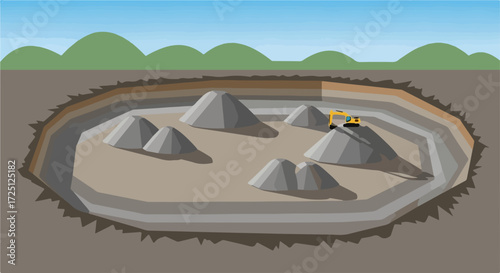 Gravel pit excavation showing construction machine, industrial scene. Gravel pit excavation highlights process of mining aggregate. Gravel pit excavation presents challenges,