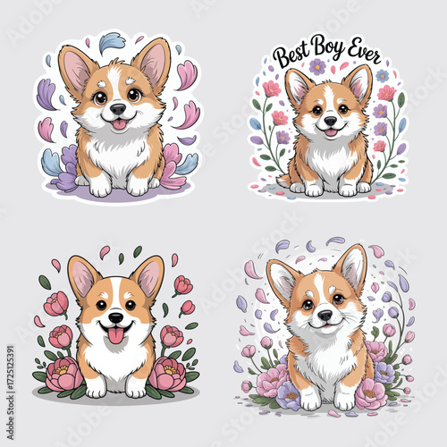 Cute corgi dogs surrounded by flowers puppy cartoon