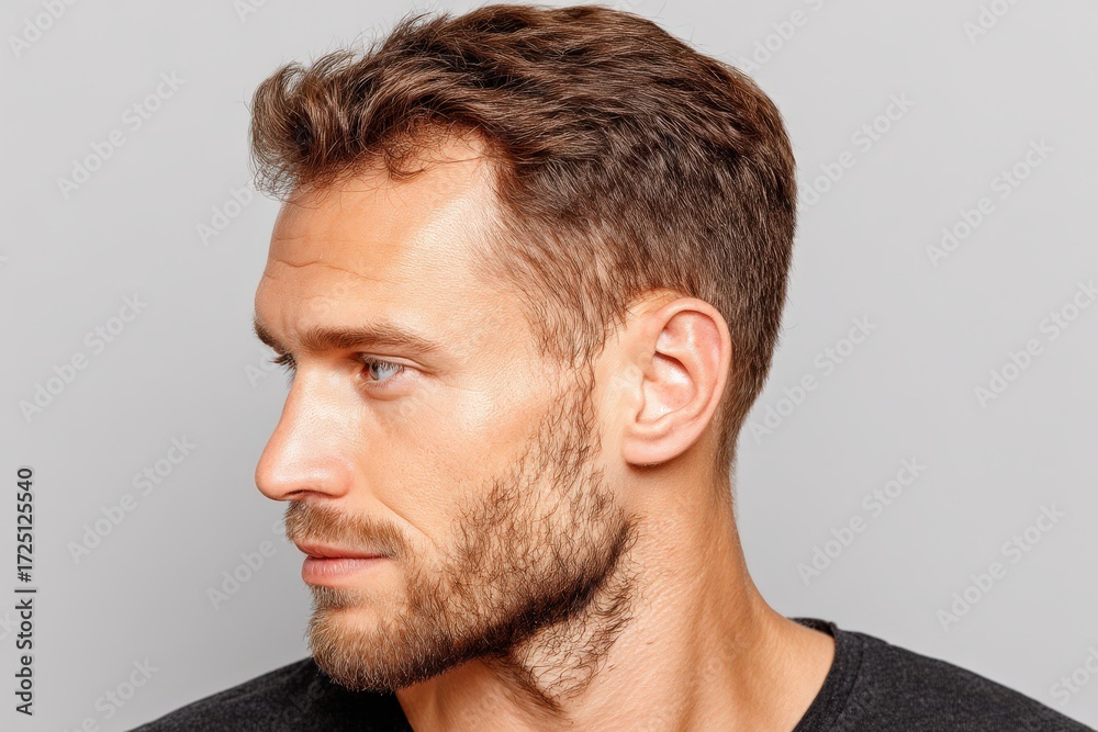 Obraz premium Profile of a confident man with short hair and well-groomed beard showcasing strong facial features against a minimalistic backdrop symbolizing contemporary masculinity and self-assurance