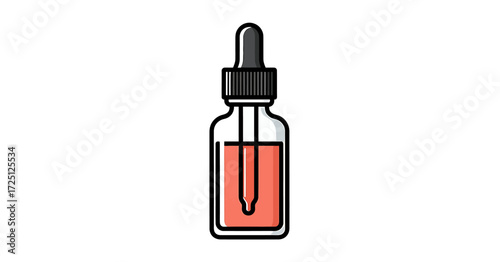 Glass dropper bottle filled with pink liquid, isolated on white background, vector illustration