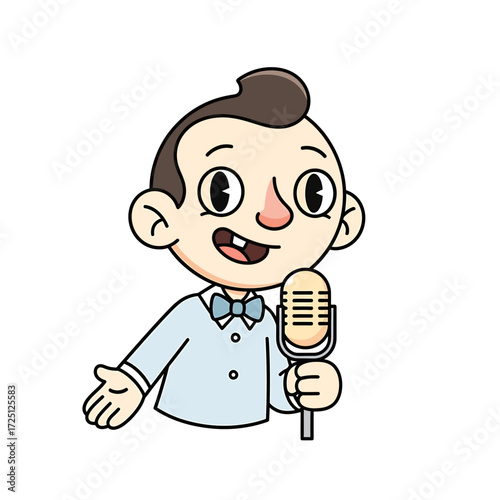 Adorable cartoon boy holding a classic microphone, ready to share his voice and entertain