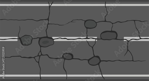Cracked asphalt road surface with potholes and cracks. Damaged road texture with white lane markings.  Concept road surface for construction and repair projects. Road maintenance image for websites,