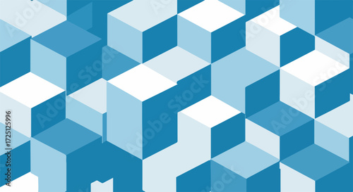 Blue cube pattern of 3D geometric shapes in light, medium, and dark shades. Blue cube pattern is eye catching, with 3D geometric shapes creating depth and dimension.