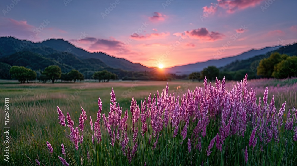 Fototapeta premium Scenic Sunset Landscape with Purple Flowers Field and Green Mountains Tranquil Nature Scenery in Warm Light and Soft Clouds