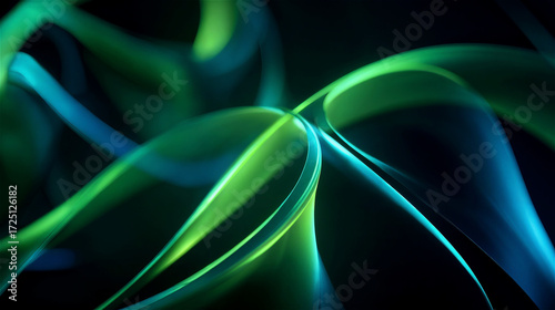 Abstract glowing neon waves dark background smooth lines modern digital art futuristic wallpaper vibrant green blue curves