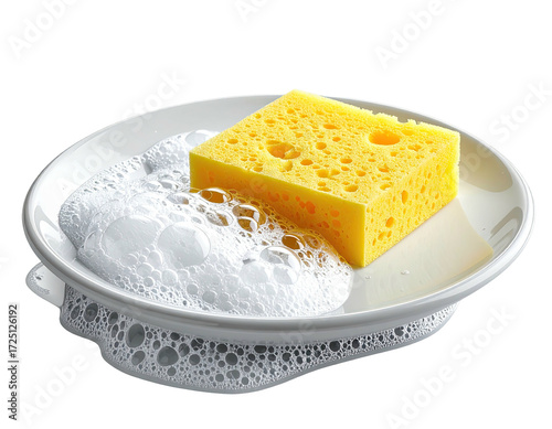 Yellow sponge in a white plate with suds