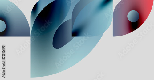 Abstract shapes overlap, creating fluid forms. Blue, red hues dominate, with soft gradients. Minimalist design, modern aesthetic.