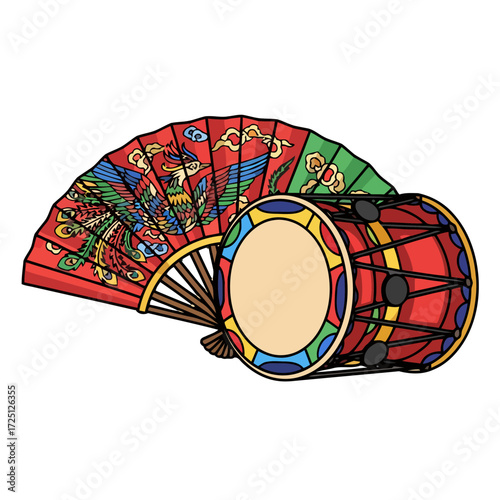 Traditional korean drum and fan with intricate phoenix and floral designs, symbolizing cultural heritage and artistic expression