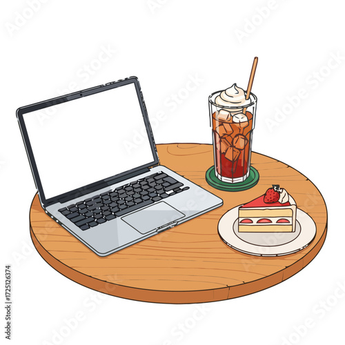 Modern laptop computer open on wooden table next to refreshing iced coffee drink with whipped cream and slice strawberry cake, perfect for work or leisure
