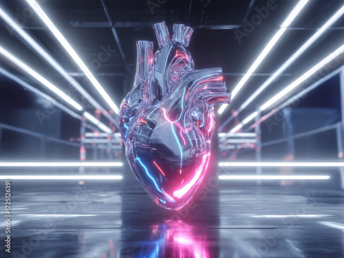 Futuristic transparent glass human heart neon lights cyberpunk medical anatomy 3D render digital art pink blue glow