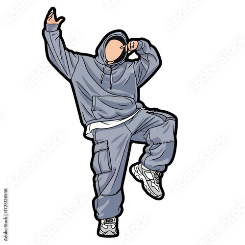 Person in grey hoodie and baggy pants, dancing or posing