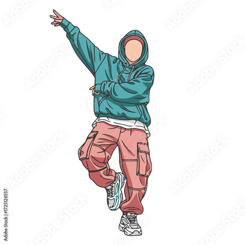 Person in teal hoodie and pink cargo pants, dancing or posing