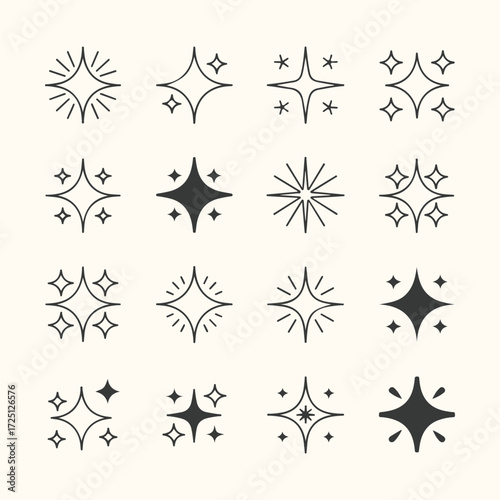 Vector art of a collection of handdrawn starburst and sparkle icons, representing light, magic, and celebration, perfect for adding a touch of brilliance to designs