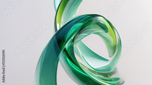 Abstract green glass spiral twisted shape on neutral gray background futuristic 3D rendering modern digital art wallpaper design