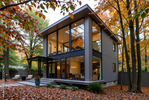 Modern dwelling unit surrounded by vibrant autumn foliage, showcasing stylish accessory design