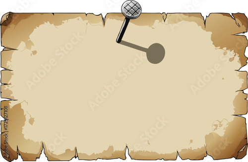 Vintage parchment background with tacked nail offers a rustic texture and authentic feel for maps, invitations or creative designs, ready for your text