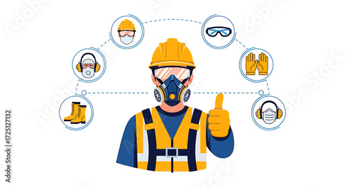 Illustrated Construction Worker with Safety Gear and Thumbs Up Gesture