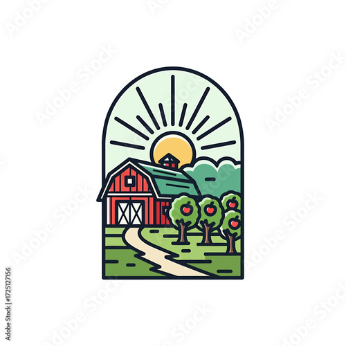 Farmhouse Sunrise Rustic Apple Orchard Illustration